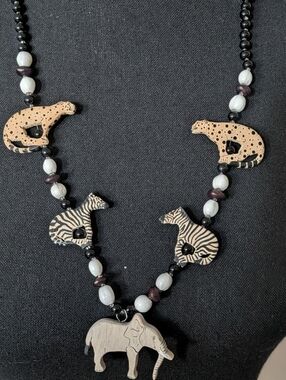 Handcrafted Animal Pendant Bead Necklace - Neutral Safari Design